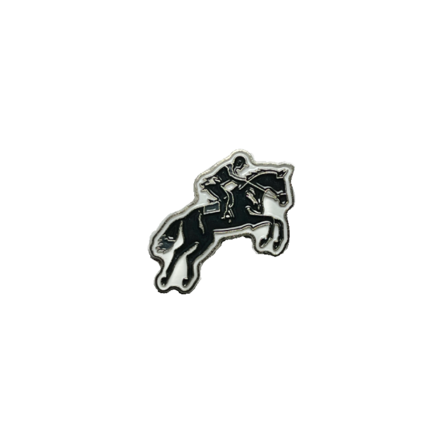 Metal sticker of a person riding a horse in mid-jump, black and silver design
