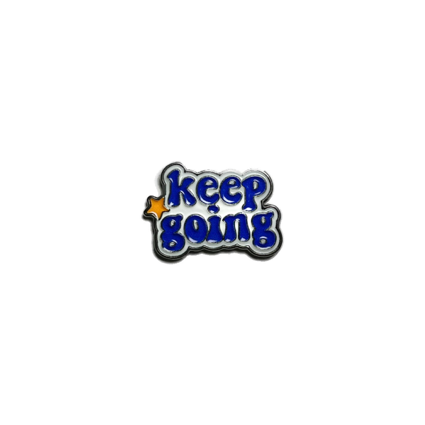 Blue metal sticker with the phrase "Keep Going" in bubbly letters and a small orange star