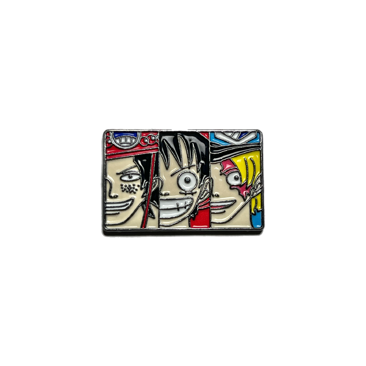 One Piece metal pin with Luffy, Ace, and Sanji in comic panel design
