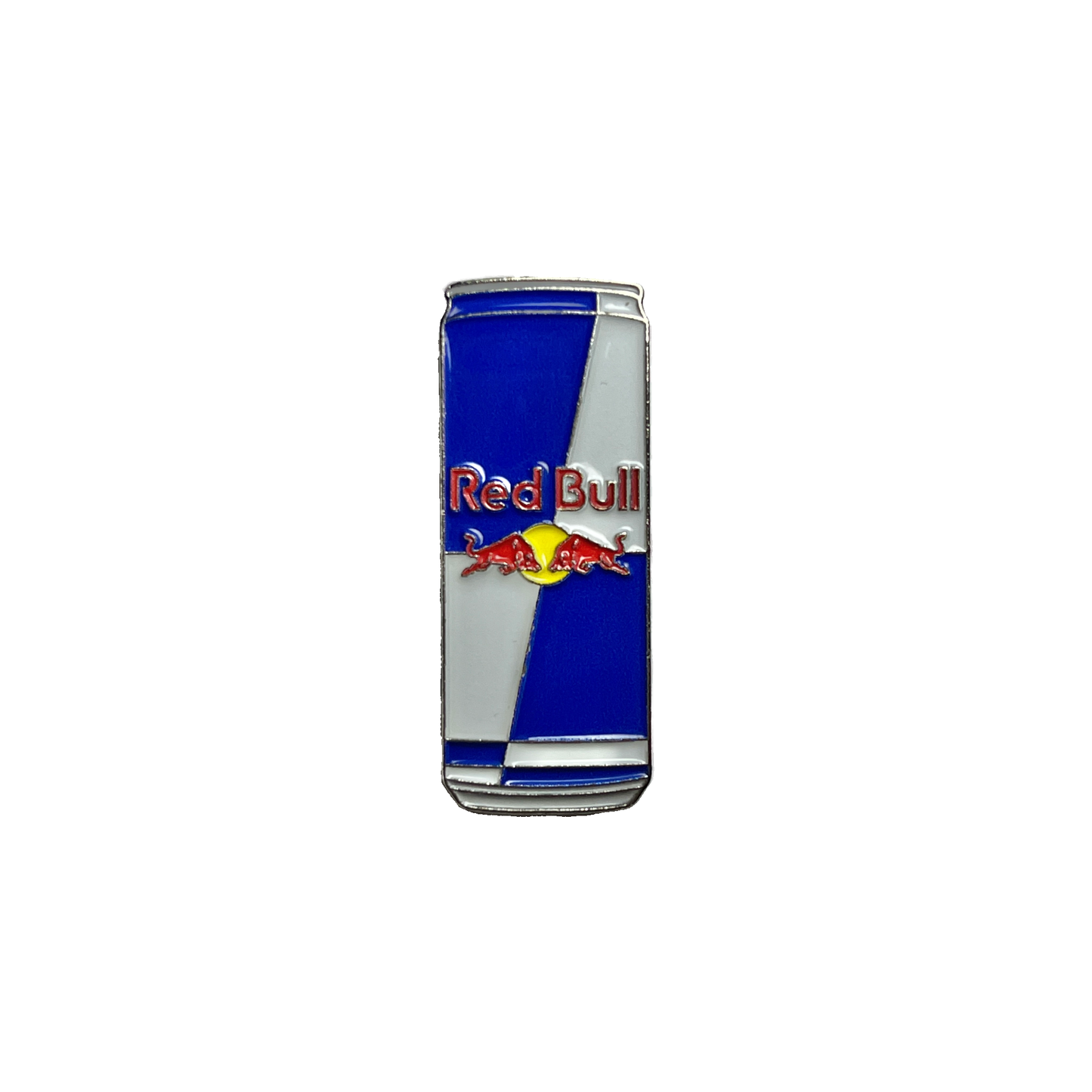 Metal sticker shaped like a Red Bull energy drink can in blue and silver