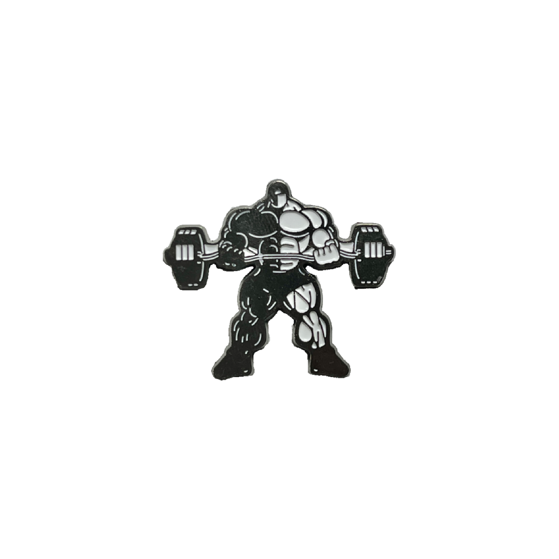 Muscular black and white cartoon bodybuilder metal pin holding a barbell