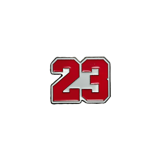 Red and white number 23 metal sticker representing iconic sports number