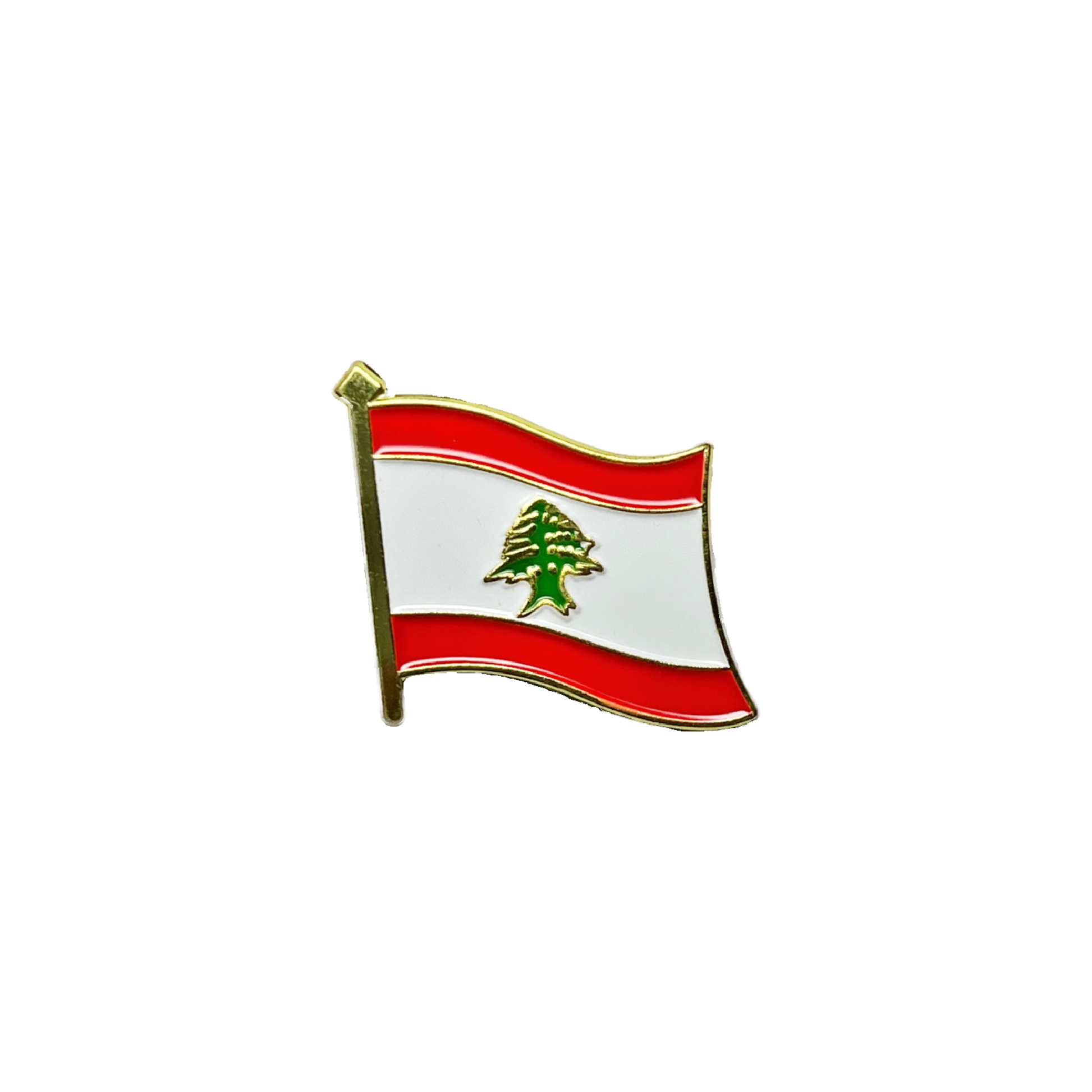 Waving Lebanese flag metal pin with red, white, and green cedar tree