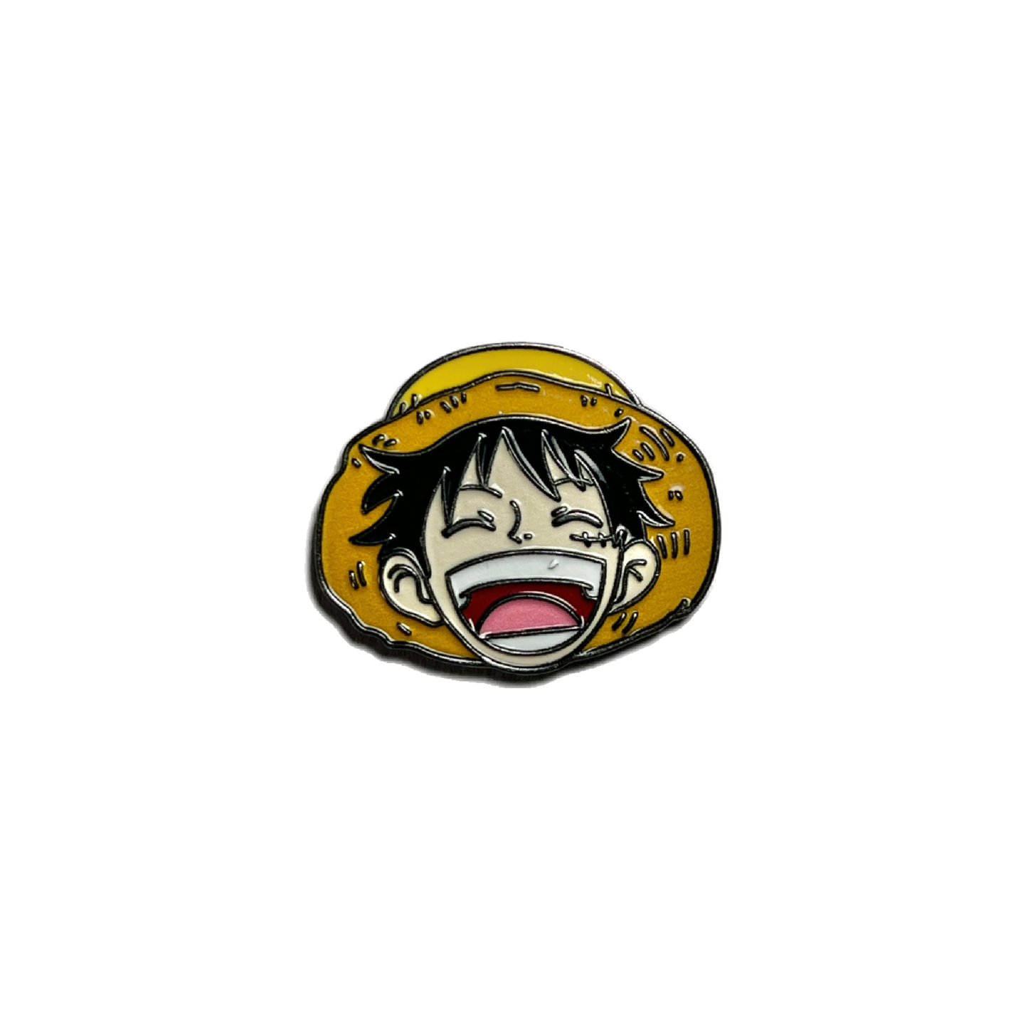 Laughing Luffy metal pin with straw hat and wide smile