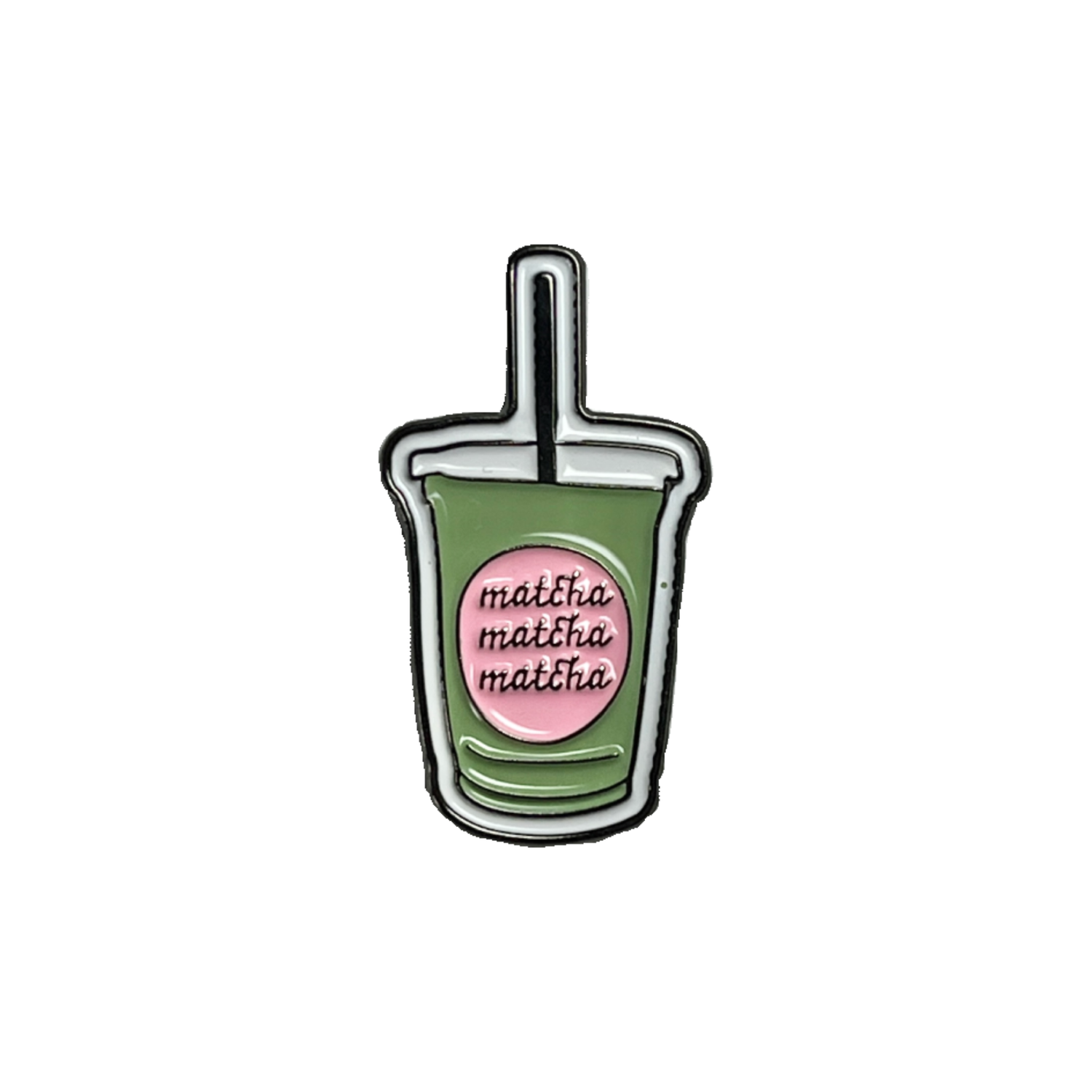 Metal sticker of a green matcha drink cup with a pink circle and the word "matcha" repeated