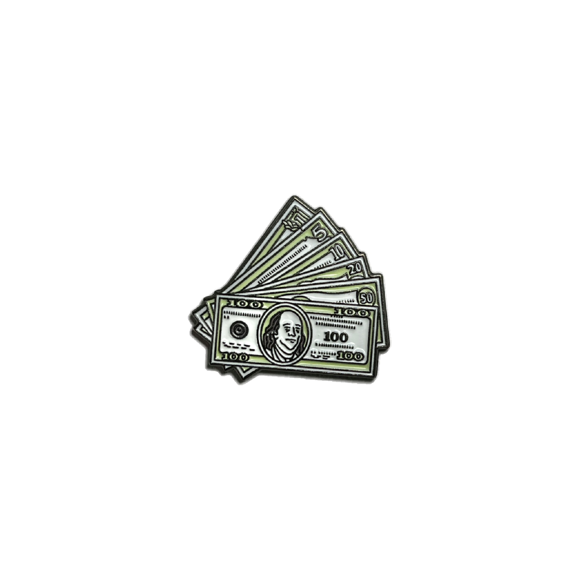 Metal sticker featuring a fan of US dollar bills in green and black
