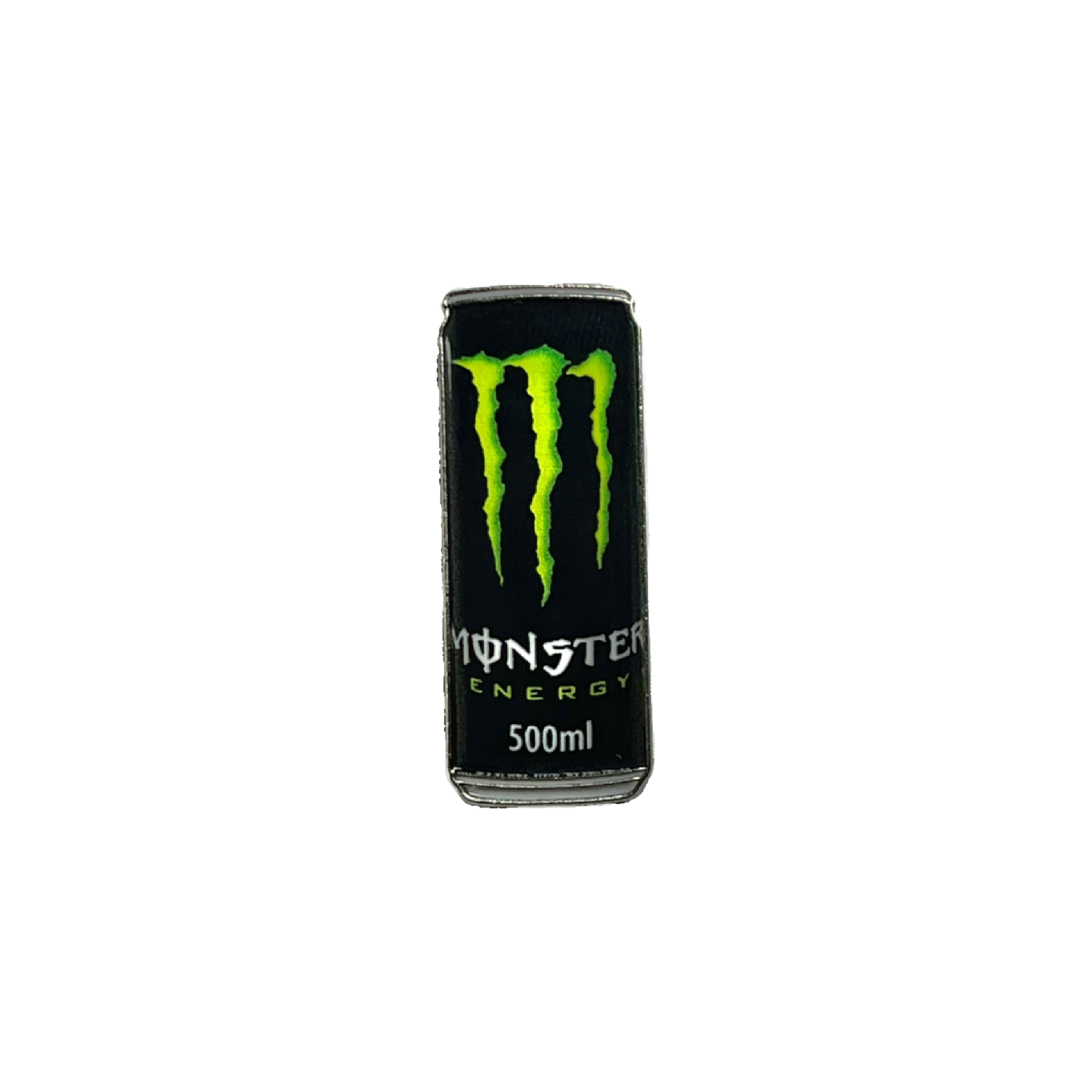 Metal sticker shaped like a Monster Energy 500ml can with green claw logo