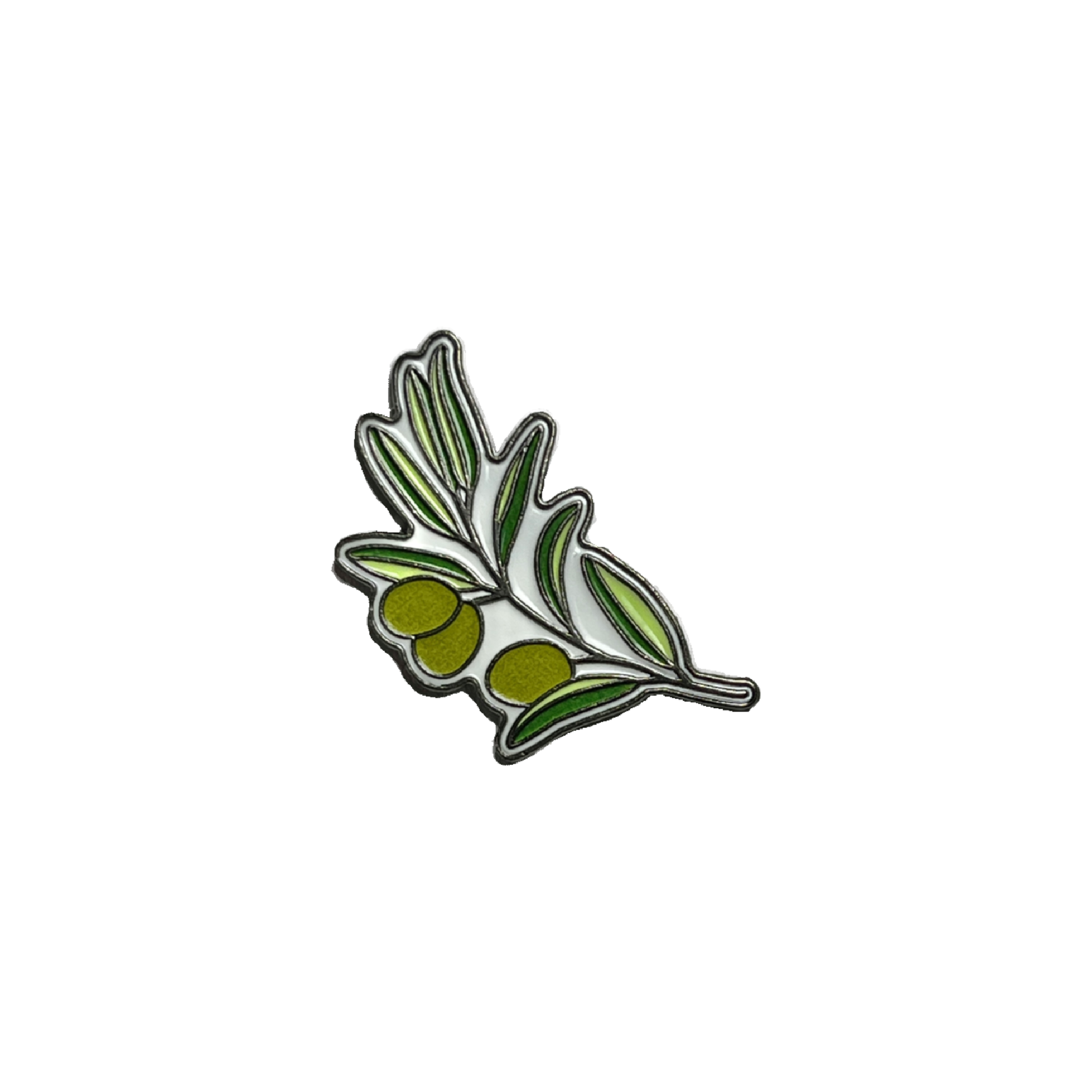 Olive branch metal pin with green leaves and olives