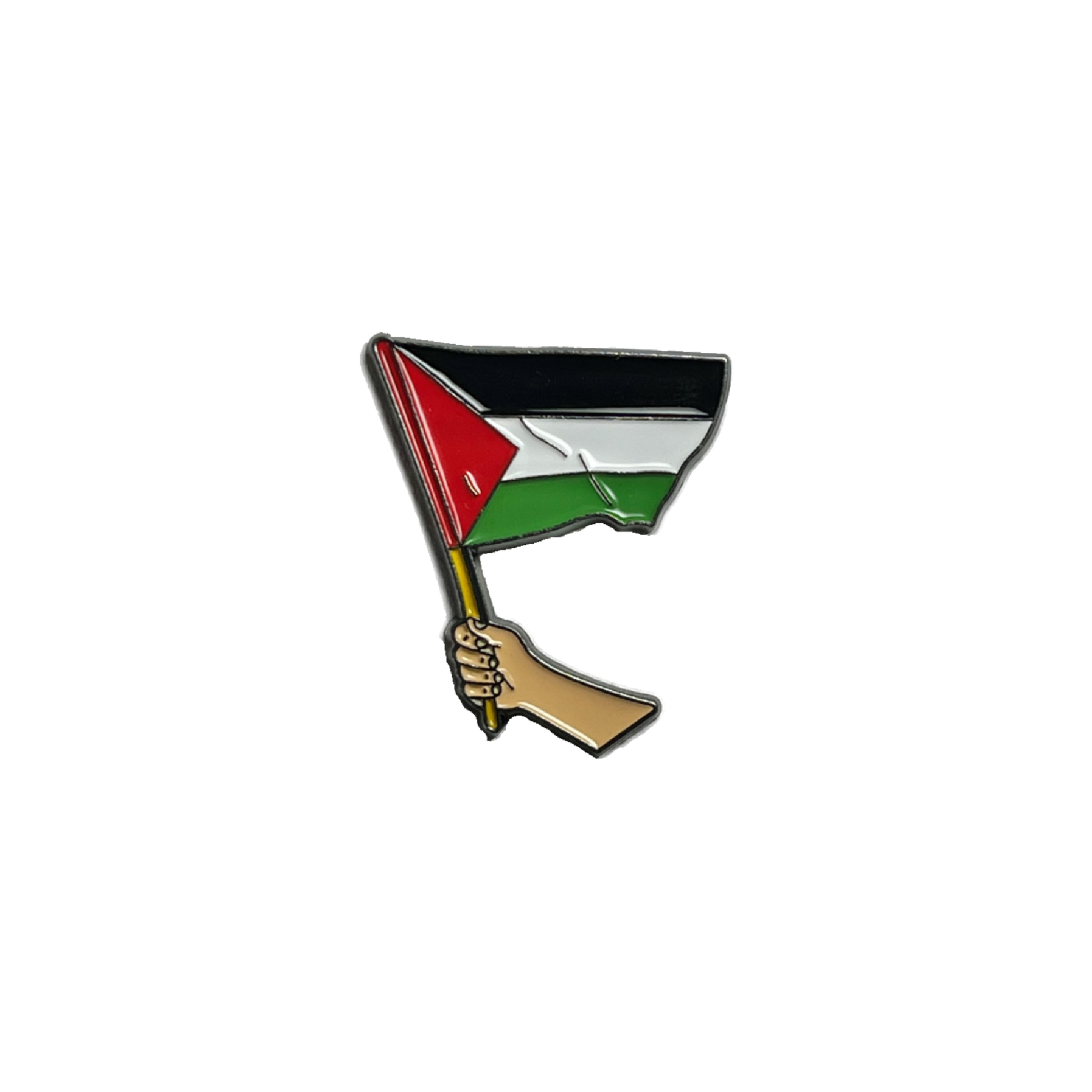 Palestine flag metal pin with raised hand holding red, white, green, and black flag