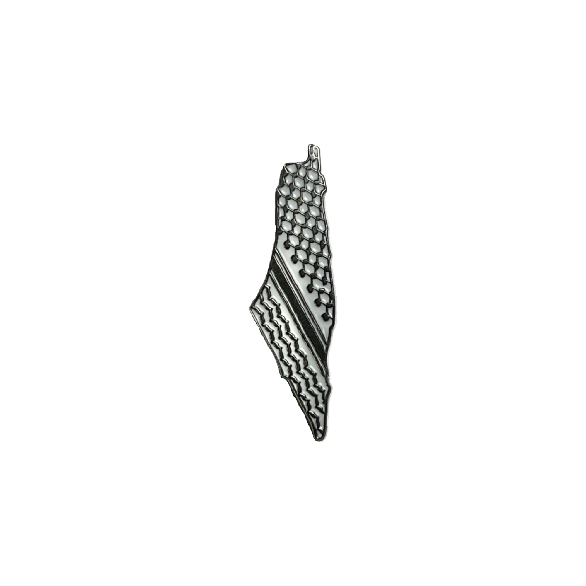 Palestine map metal pin with black and white keffiyeh pattern