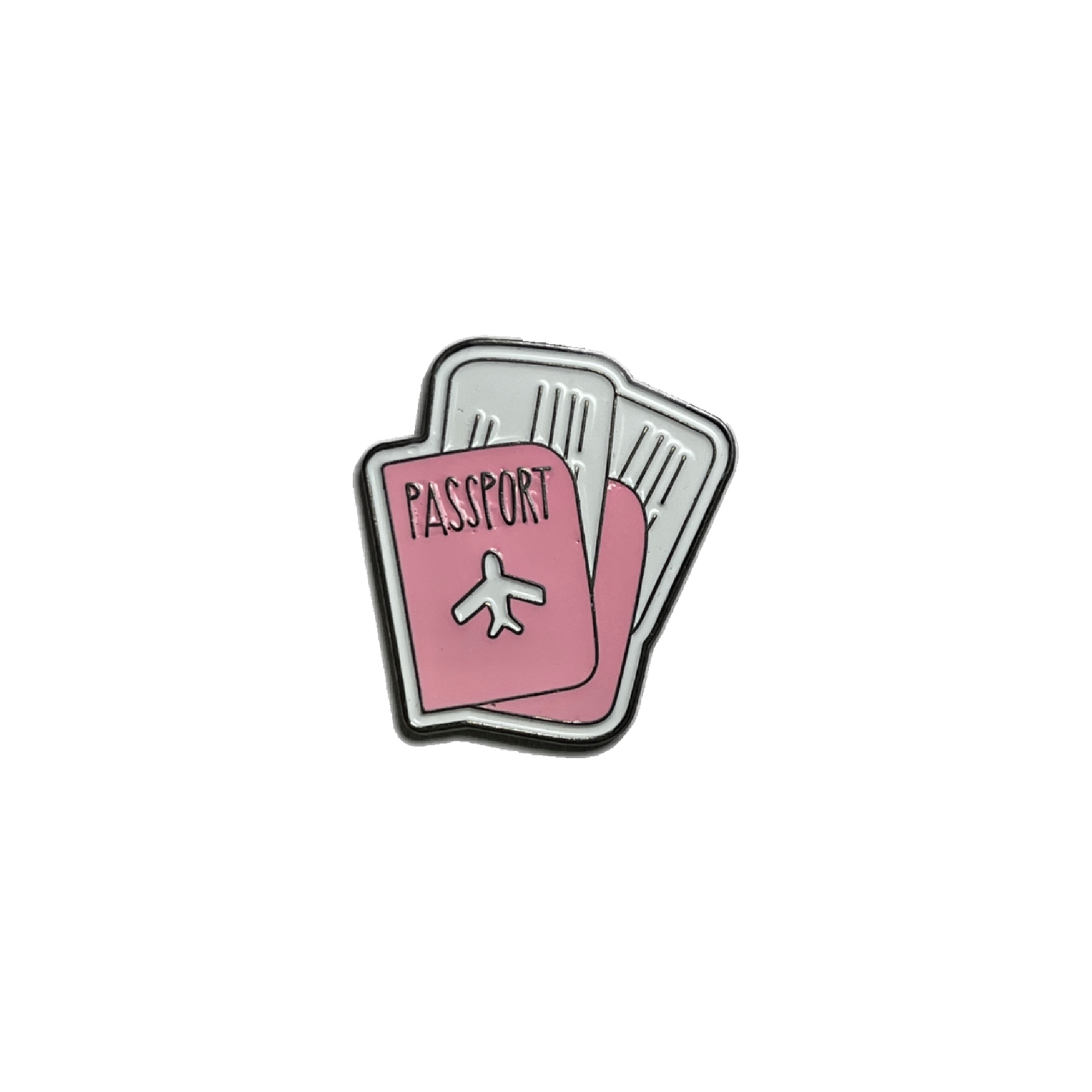 Pink passport metal pin with boarding passes illustration