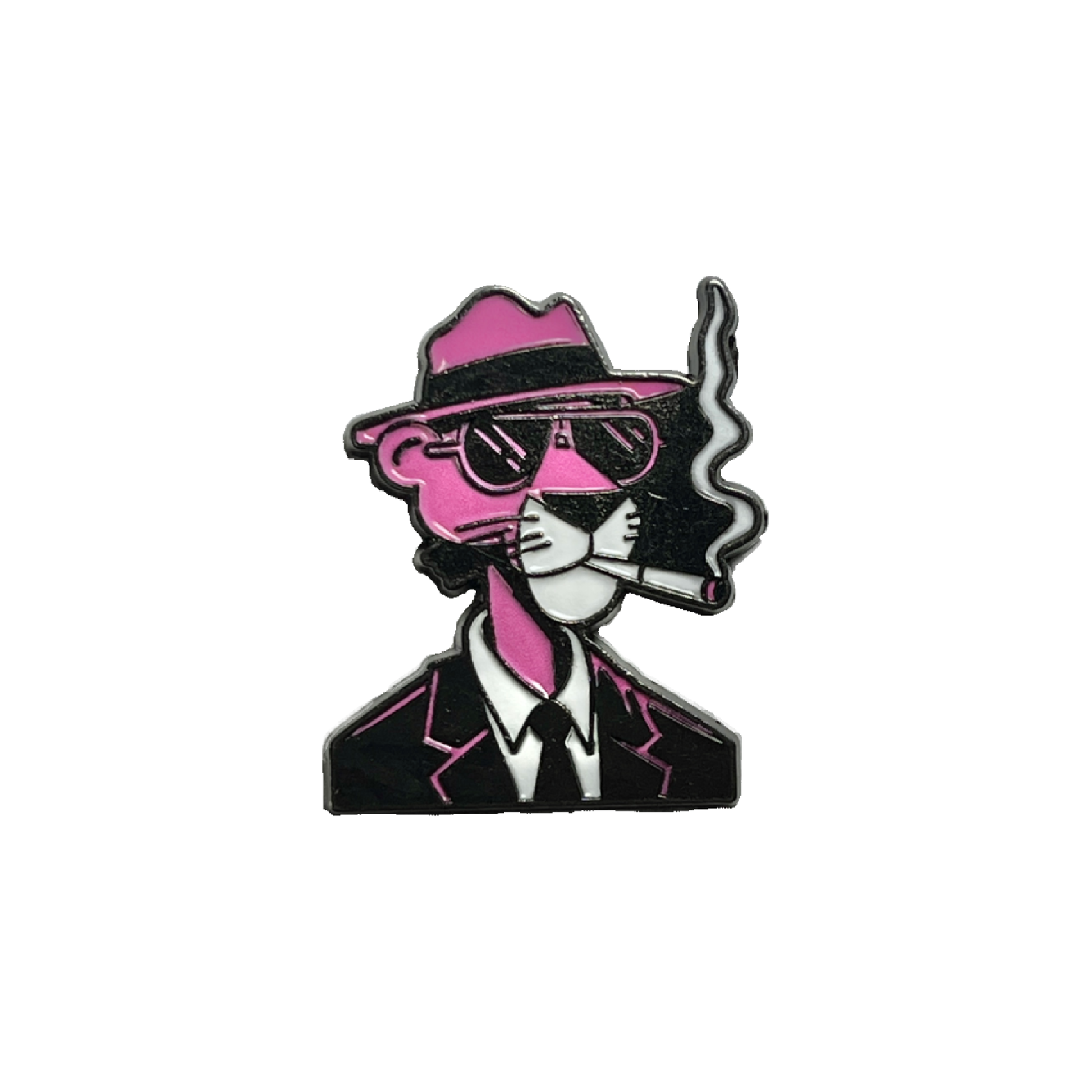 Metal sticker of Pink Panther in a suit with sunglasses and a smoking cigarette