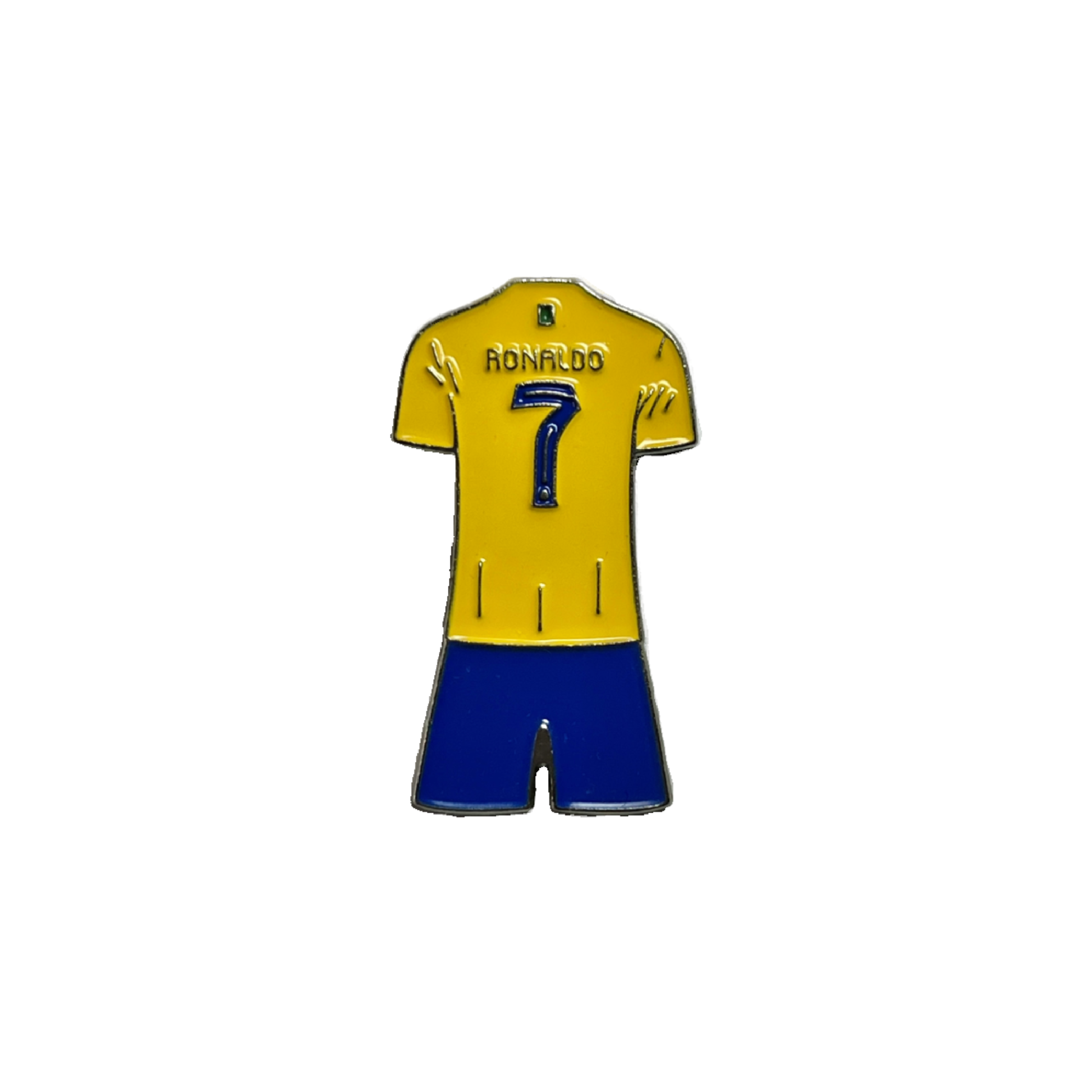 Yellow and blue Ronaldo number 7 metal jersey sticker viewed from the back