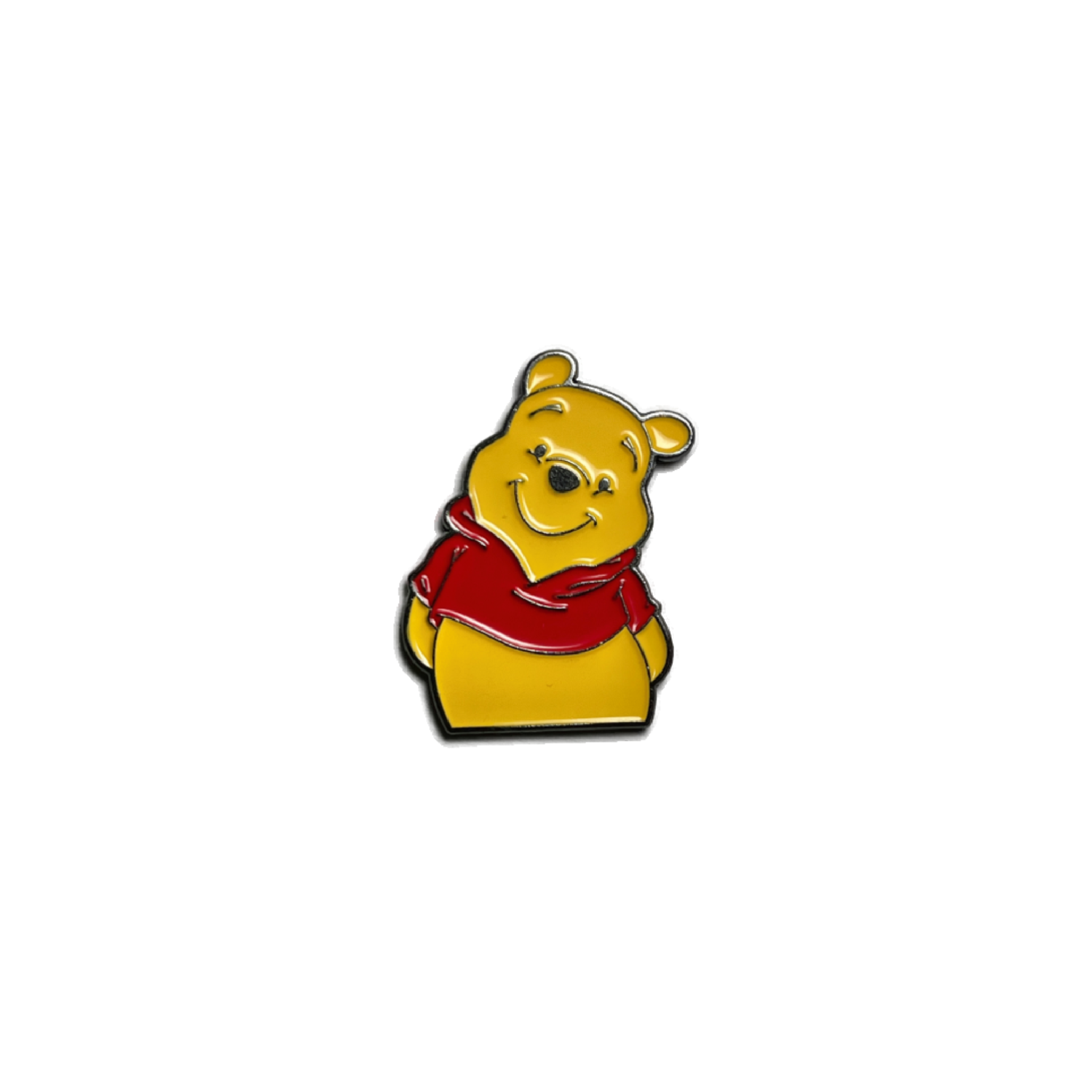 Metal sticker of a yellow bear in a red shirt with a friendly smile