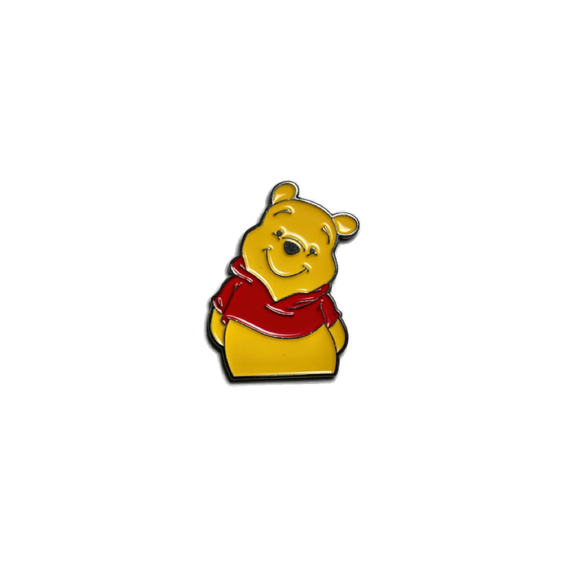 Metal sticker of a yellow bear in a red shirt with a friendly smile